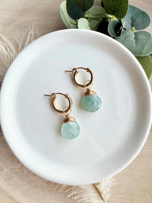 Aquamarine Faceted Tear Drop Huggies