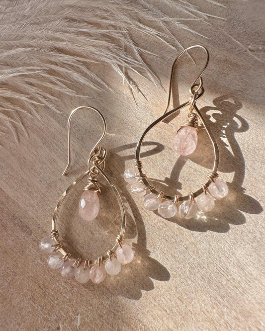 Rose Quartz Small Tear Drop Hoop Earrings