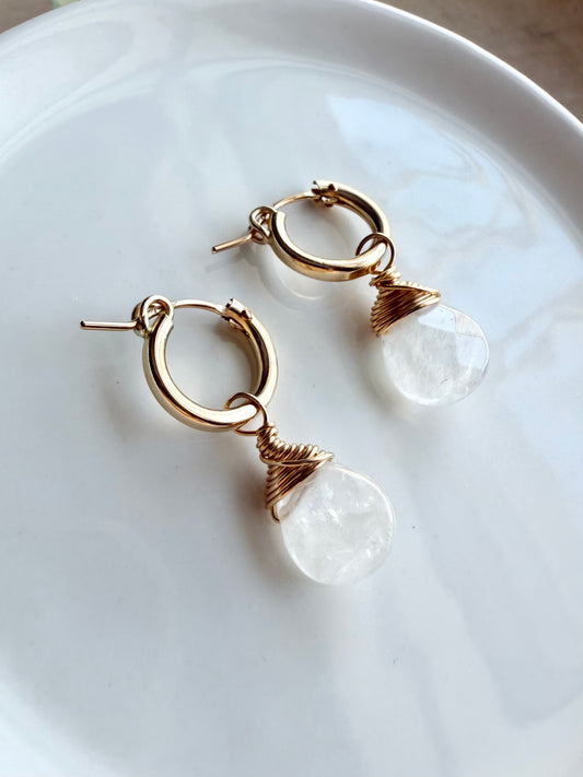 Clear Quartz Faceted Tear Drop Huggies
