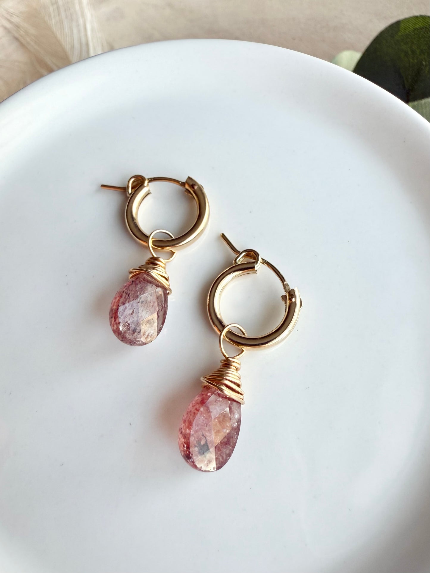 Strawberry Quartz Faceted Tear Drop Huggies
