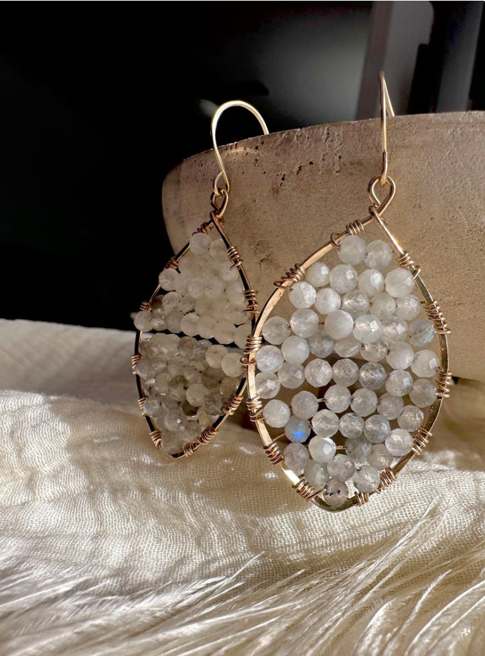 Labradorite & Moonstone Large Petal Drop Hoop Earrings