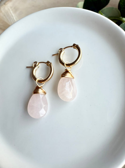 Rose Quartz Faceted Tear Drop Huggies
