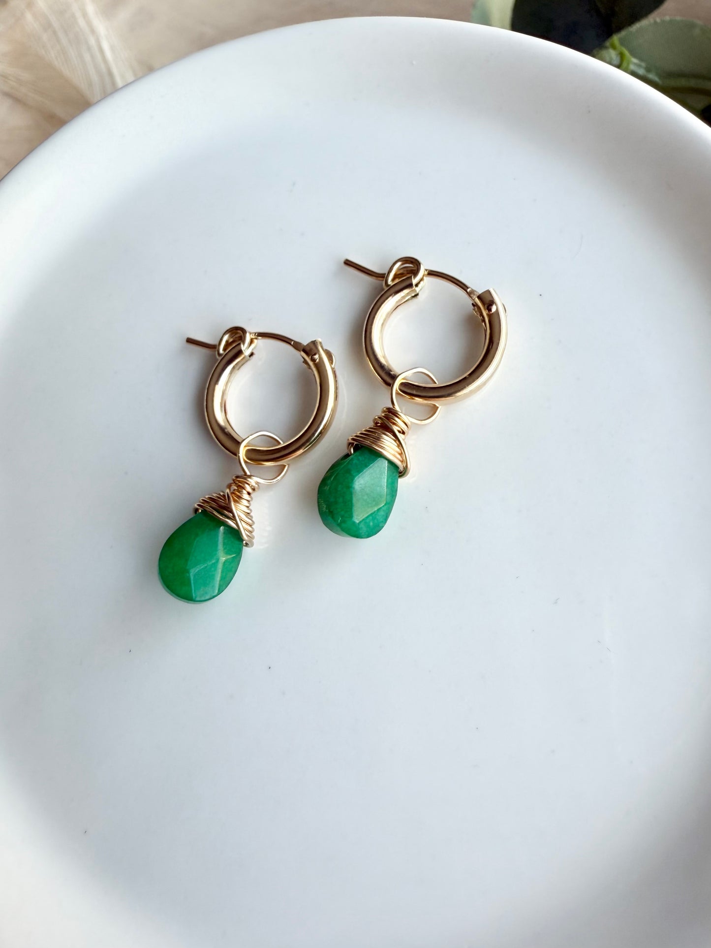 Green Jade Faceted Tear Drop Huggies