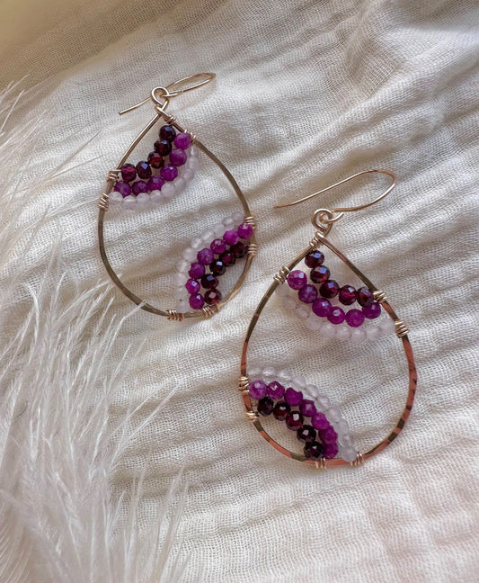 Garnet, Ruby & Rose Quartz Large Tear Drop Hoop Earrings
