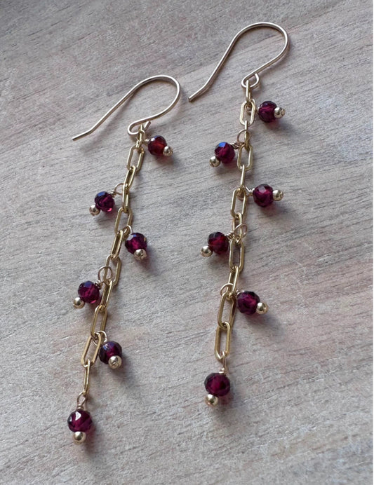 Garnet Paper Clip Chain Dangle Earrings