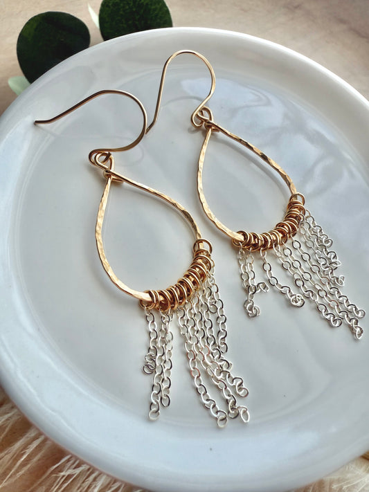 Tear Drop Fringe Mixed Metal Hoops