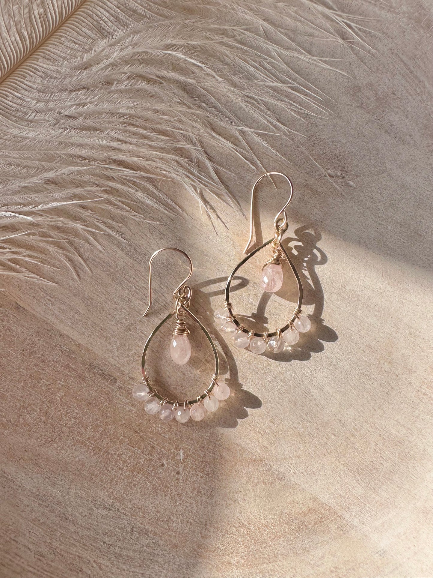 Rose Quartz Small Tear Drop Hoop Earrings