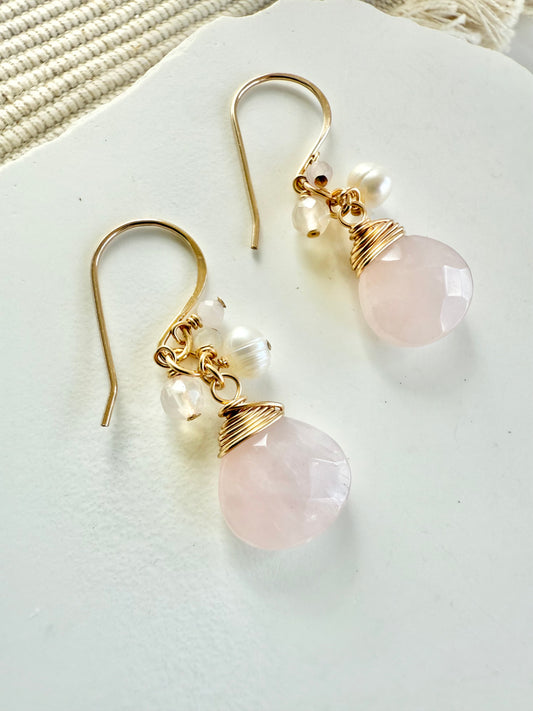 Rose Quartz Cluster Dangle Earrings