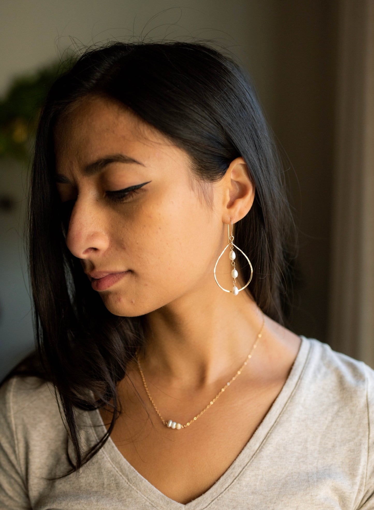 Freshwater Pearl Large Tear Drop Hoop Earrings