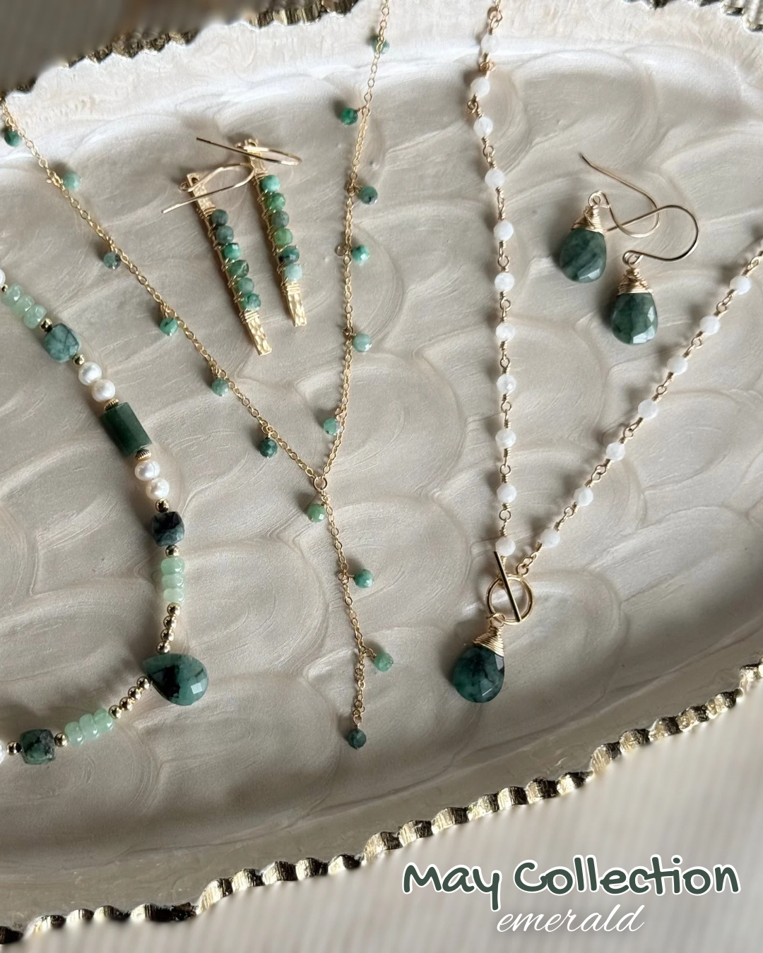 Emerald, Pearl, + Aventurine Beaded Necklace