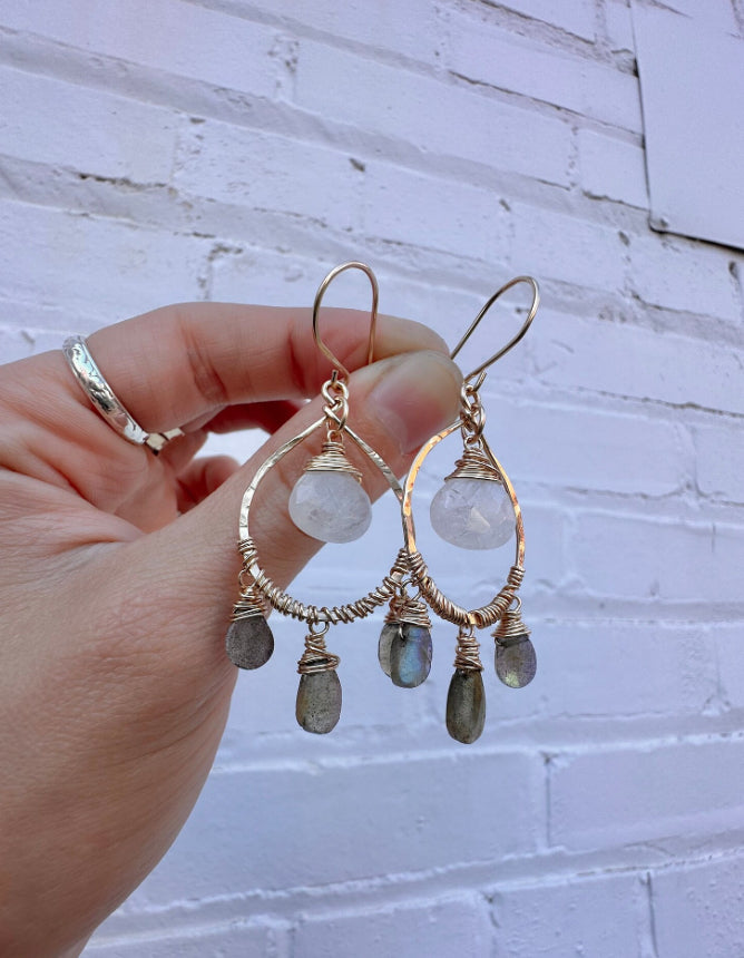 Labradorite & Moonstone Small Tear Drop Hoop Earrings