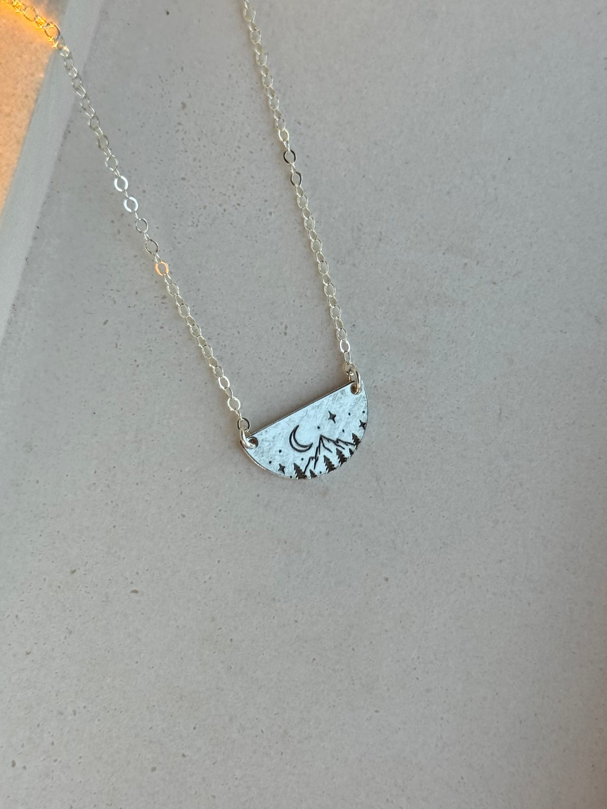 Mountain, Forrest, + Moon Half Circle Necklace