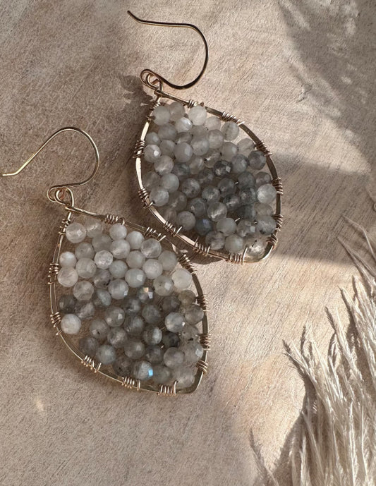 Labradorite & Moonstone Large Petal Drop Hoop Earrings