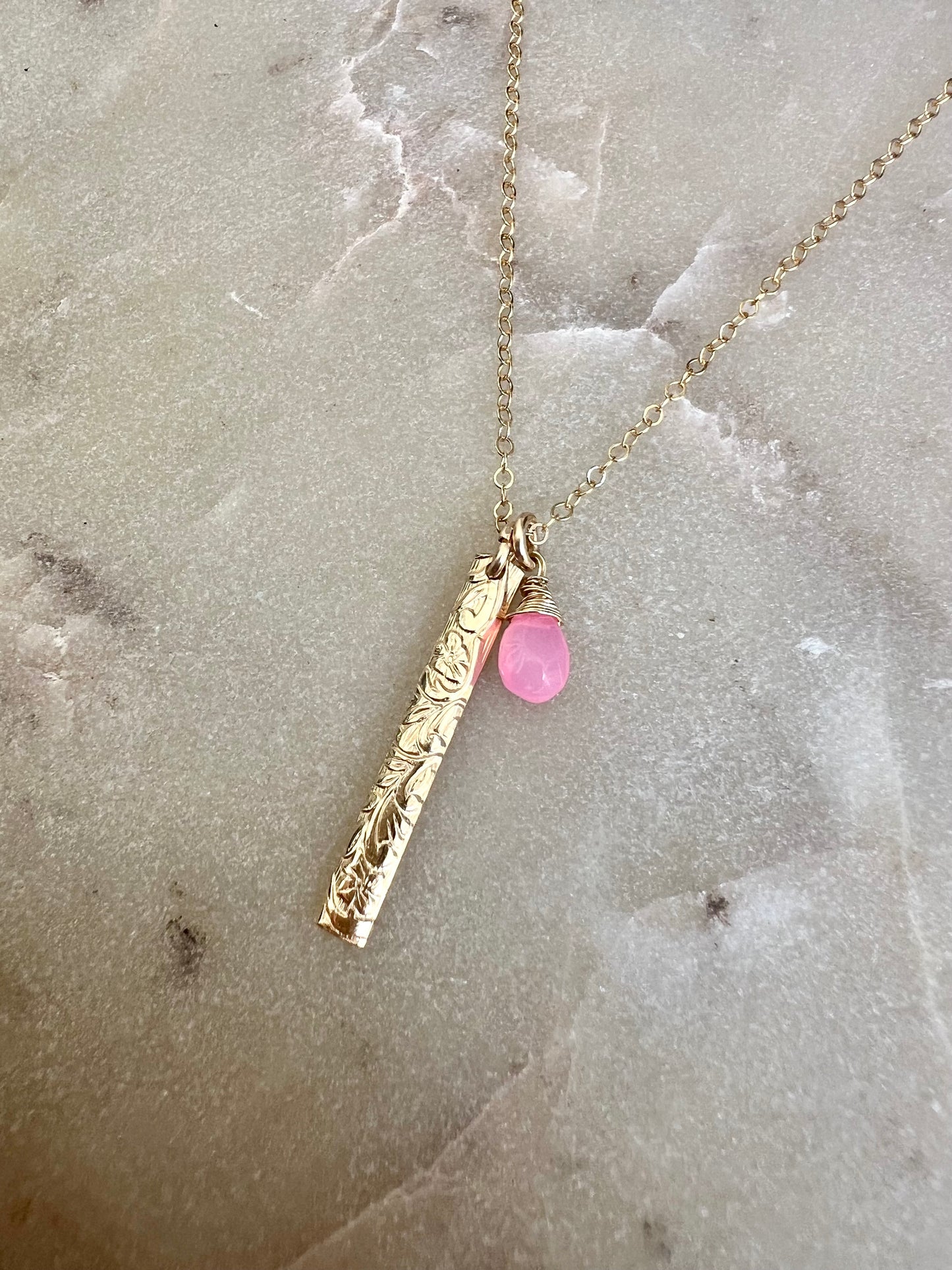 Pink Opal Floral Bar Necklace