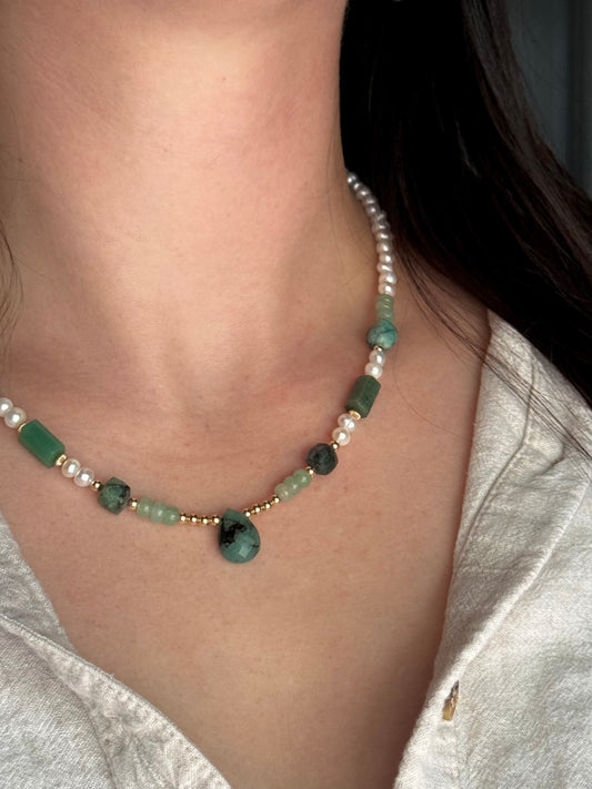 Emerald, Pearl, + Aventurine Beaded Necklace