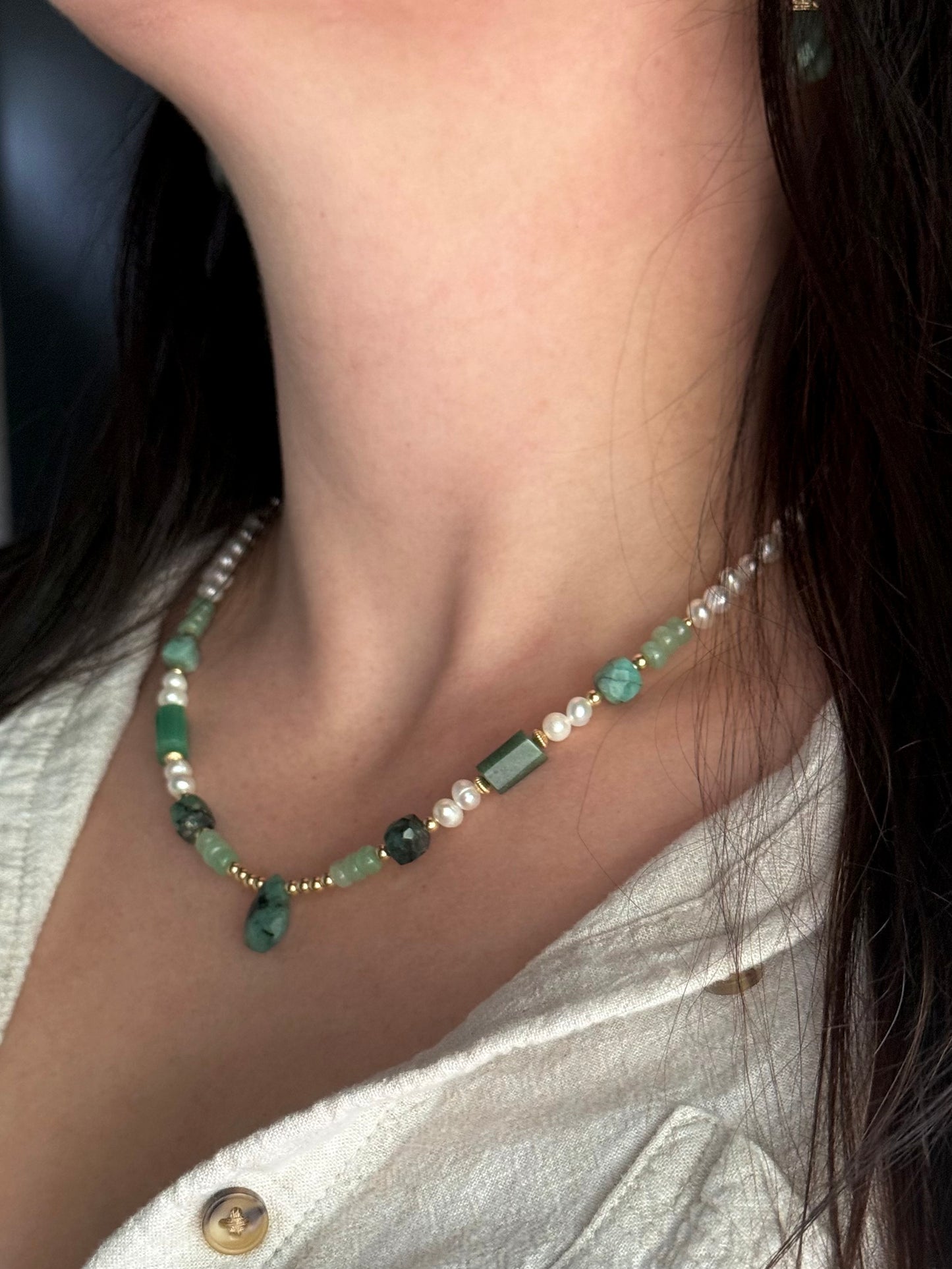 Emerald, Pearl, + Aventurine Beaded Necklace