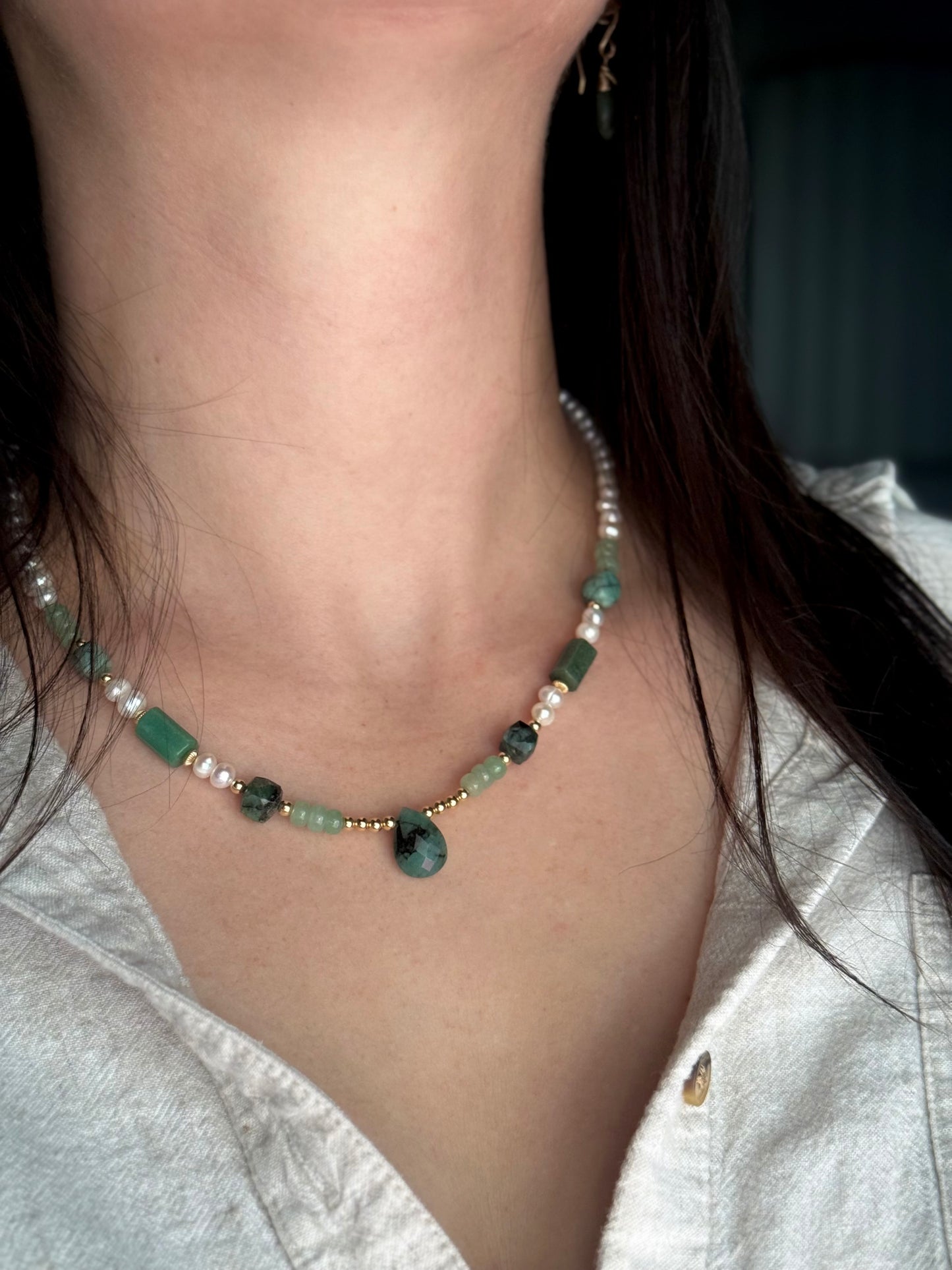 Emerald, Pearl, + Aventurine Beaded Necklace