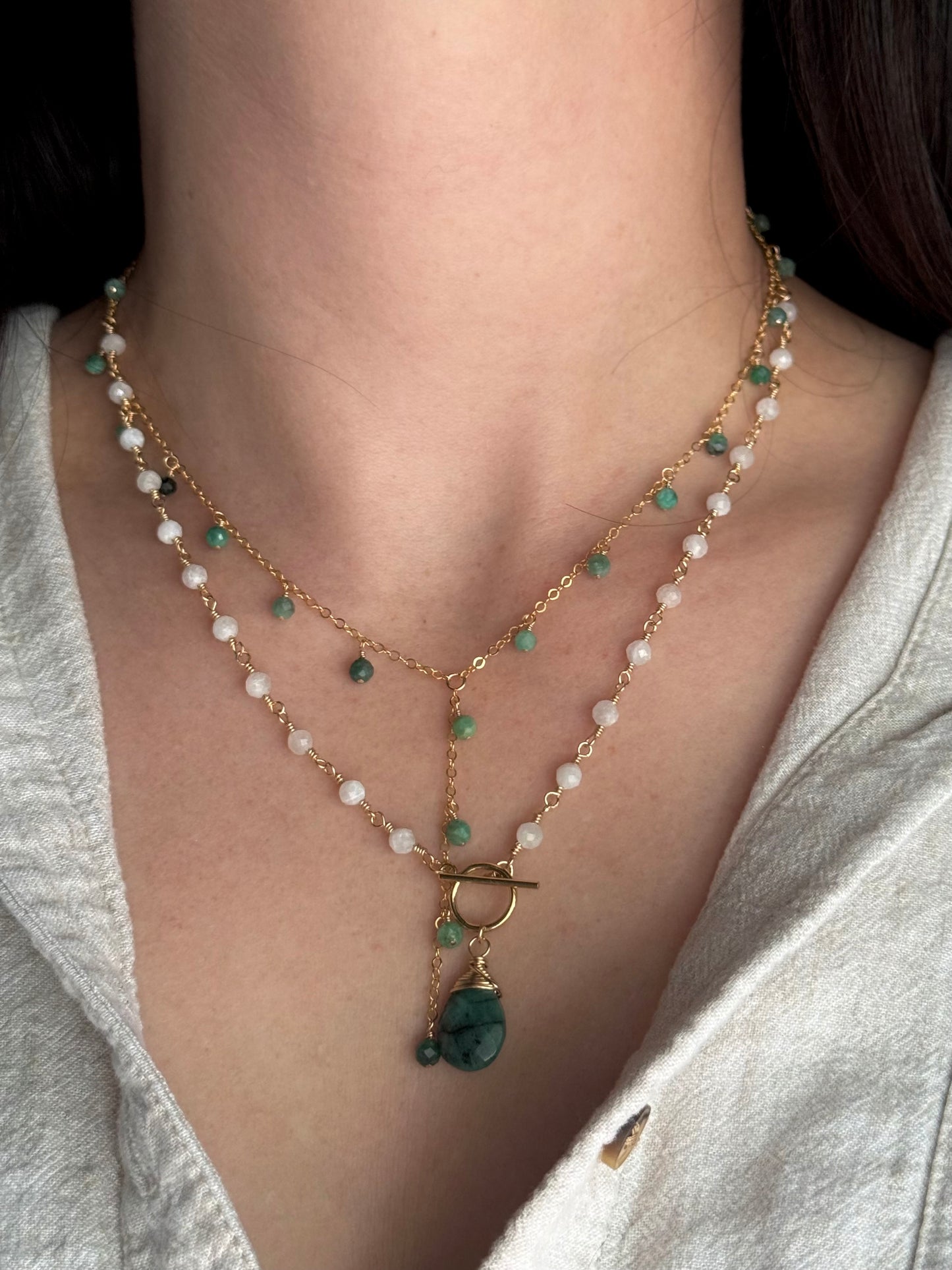 Emerald + Moonstone Toggle Clasp Necklace