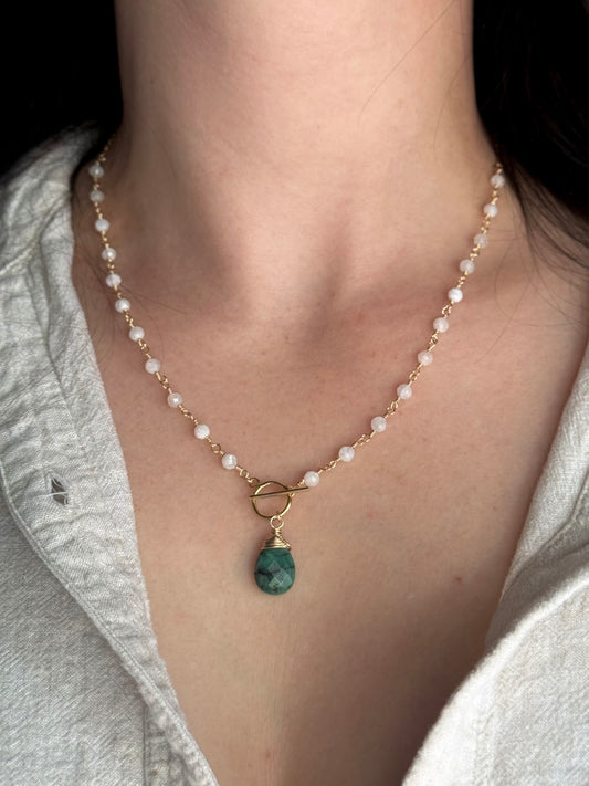 Emerald + Moonstone Toggle Clasp Necklace