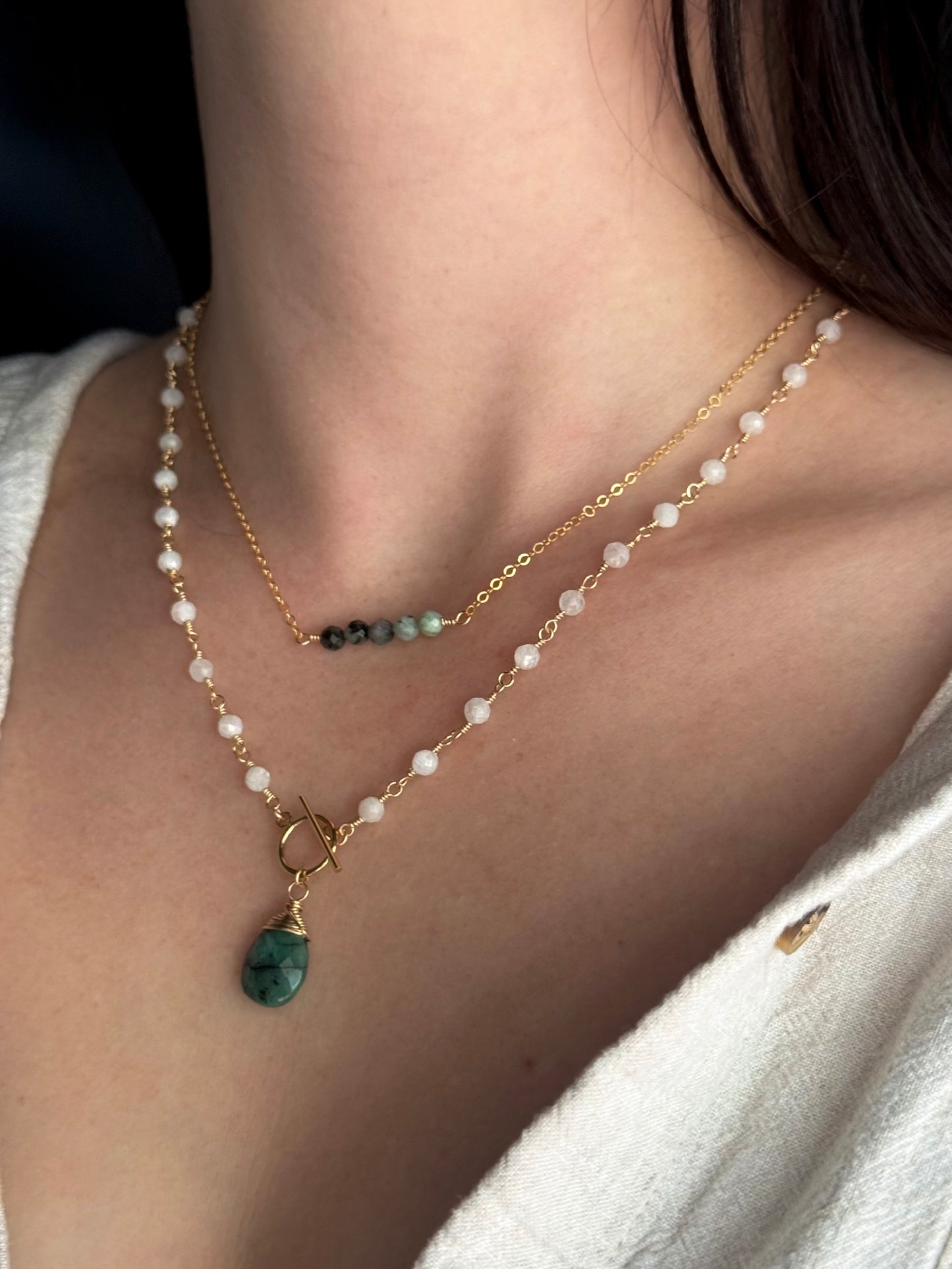 Emerald + Moonstone Toggle Clasp Necklace