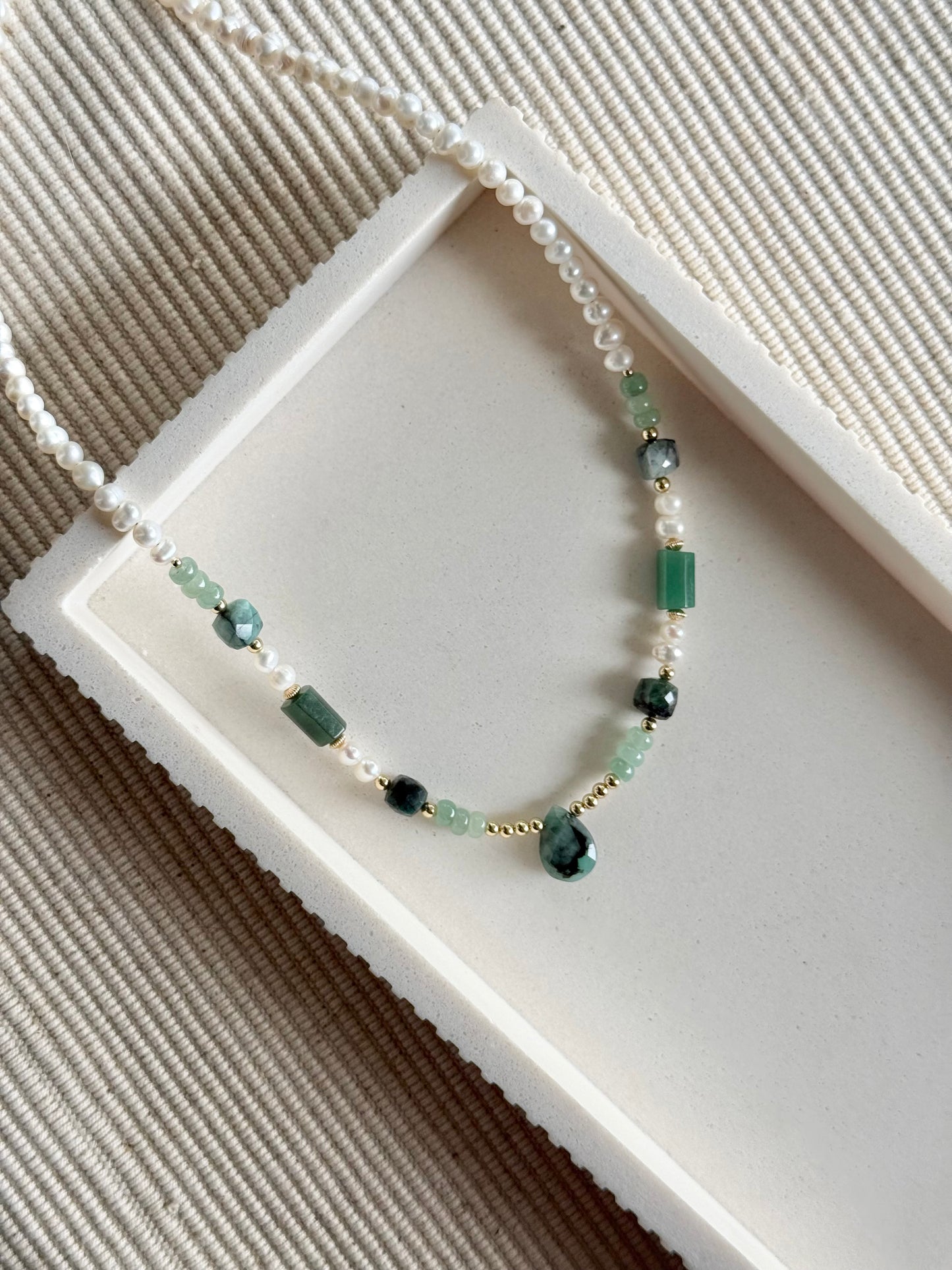 Emerald, Pearl, + Aventurine Beaded Necklace
