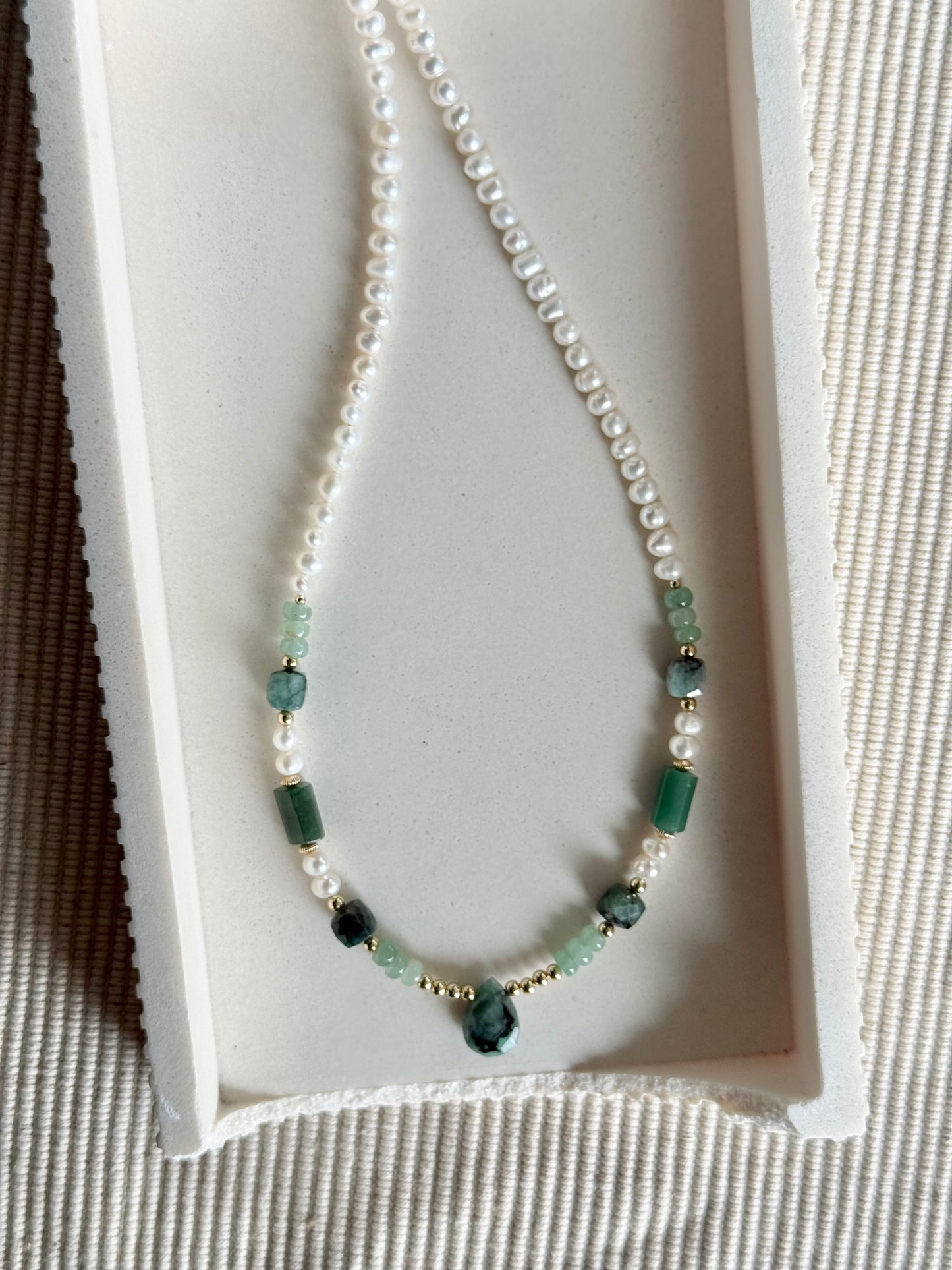 Emerald, Pearl, + Aventurine Beaded Necklace
