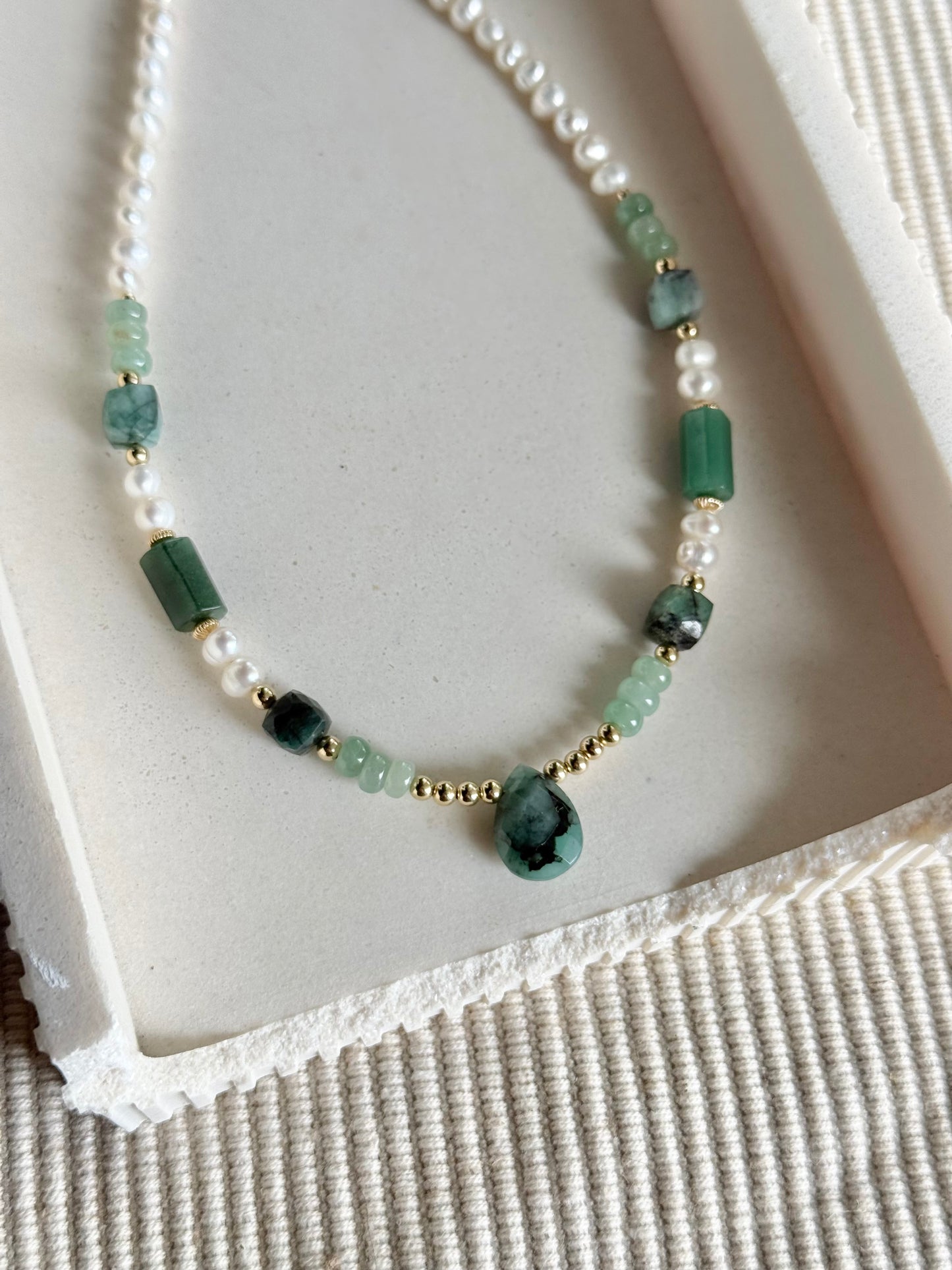 Emerald, Pearl, + Aventurine Beaded Necklace