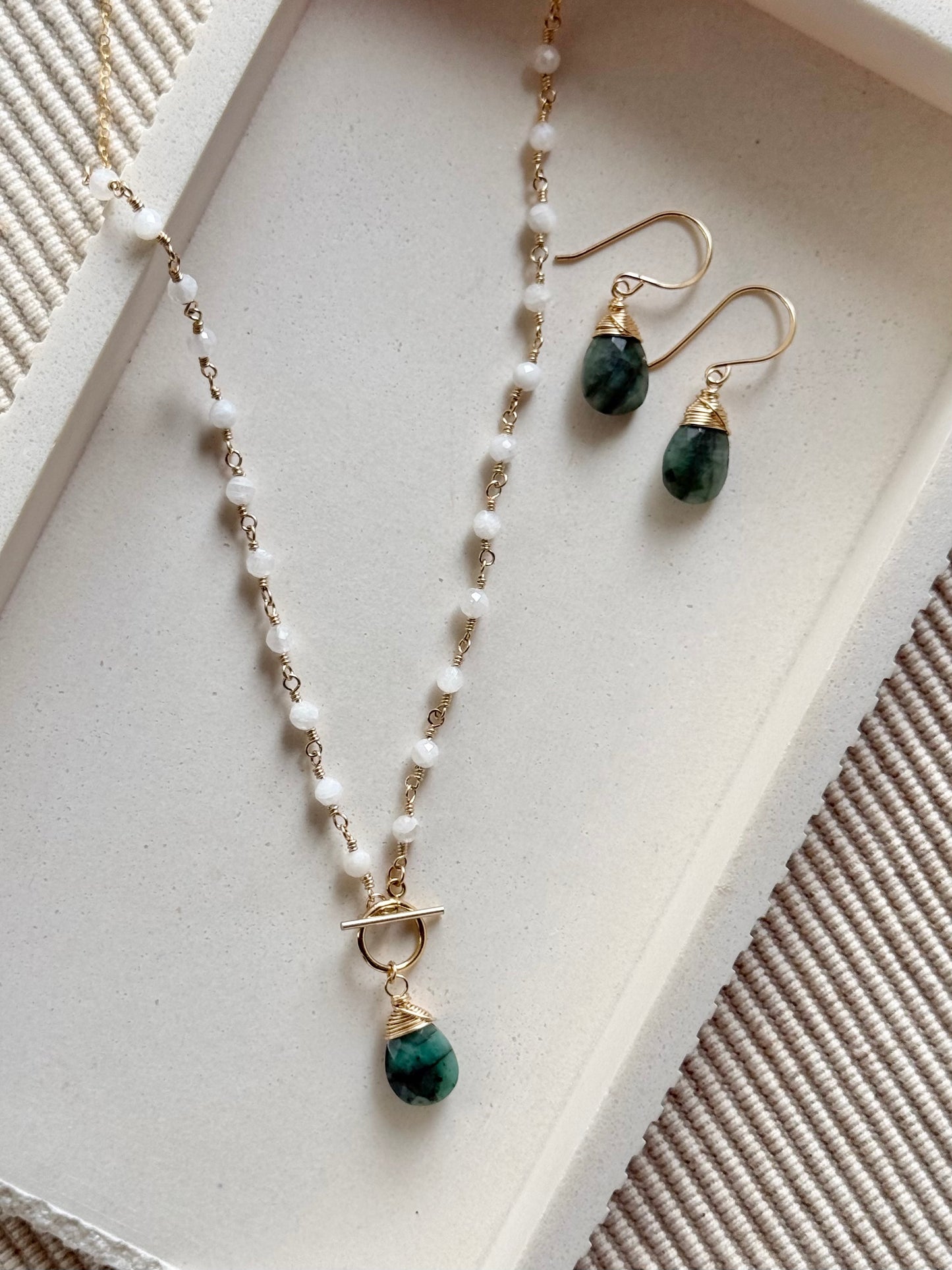 Emerald + Moonstone Toggle Clasp Necklace