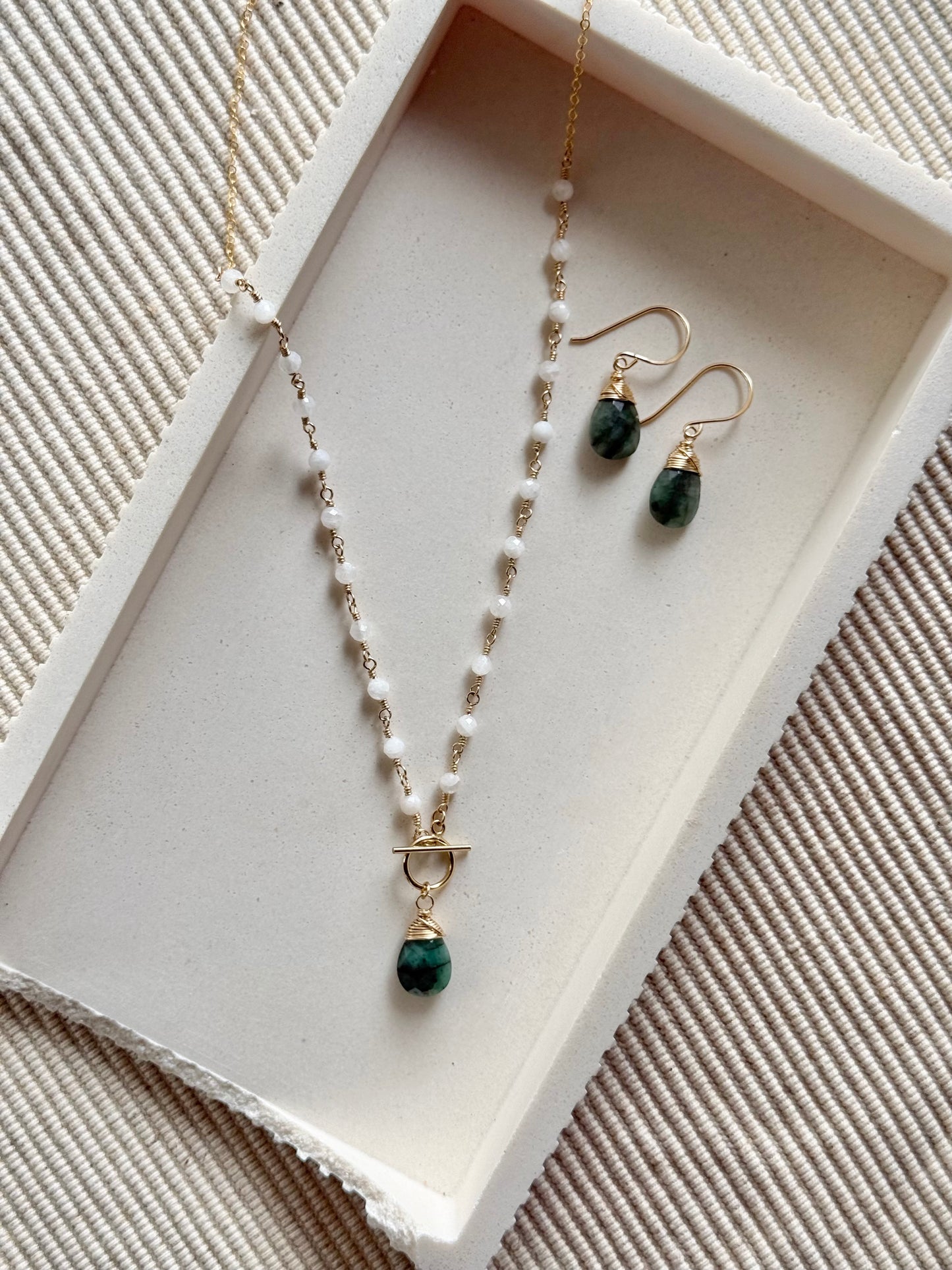 Emerald + Moonstone Toggle Clasp Necklace